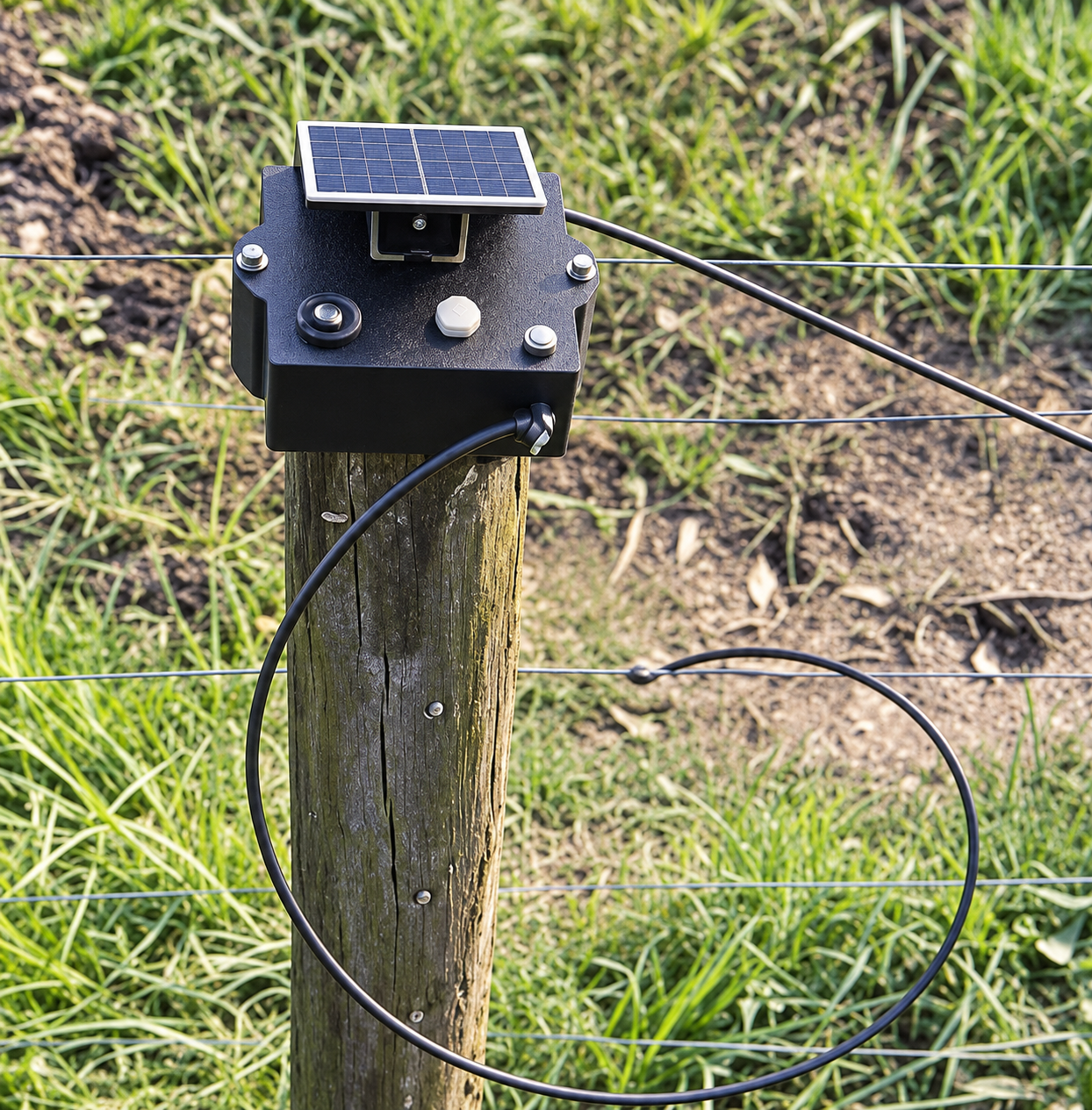 Solar-powered fence tester mounted on a wooden farm fence post