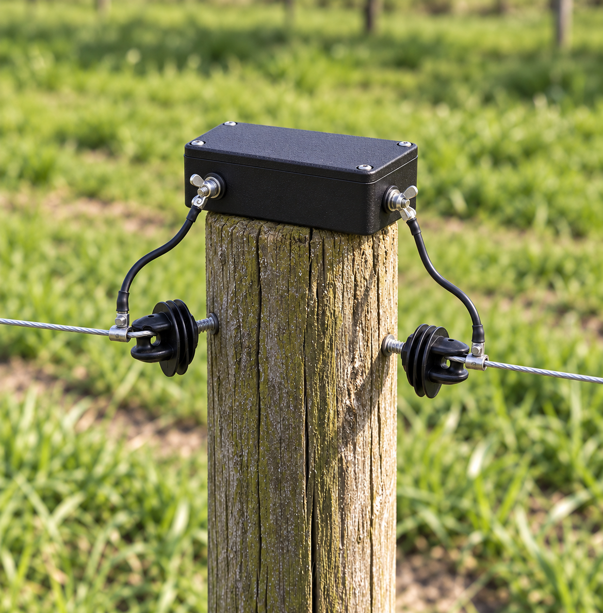 Rectangular fence monitor concept with leads connected to fence wires supported by post-mounted insulators