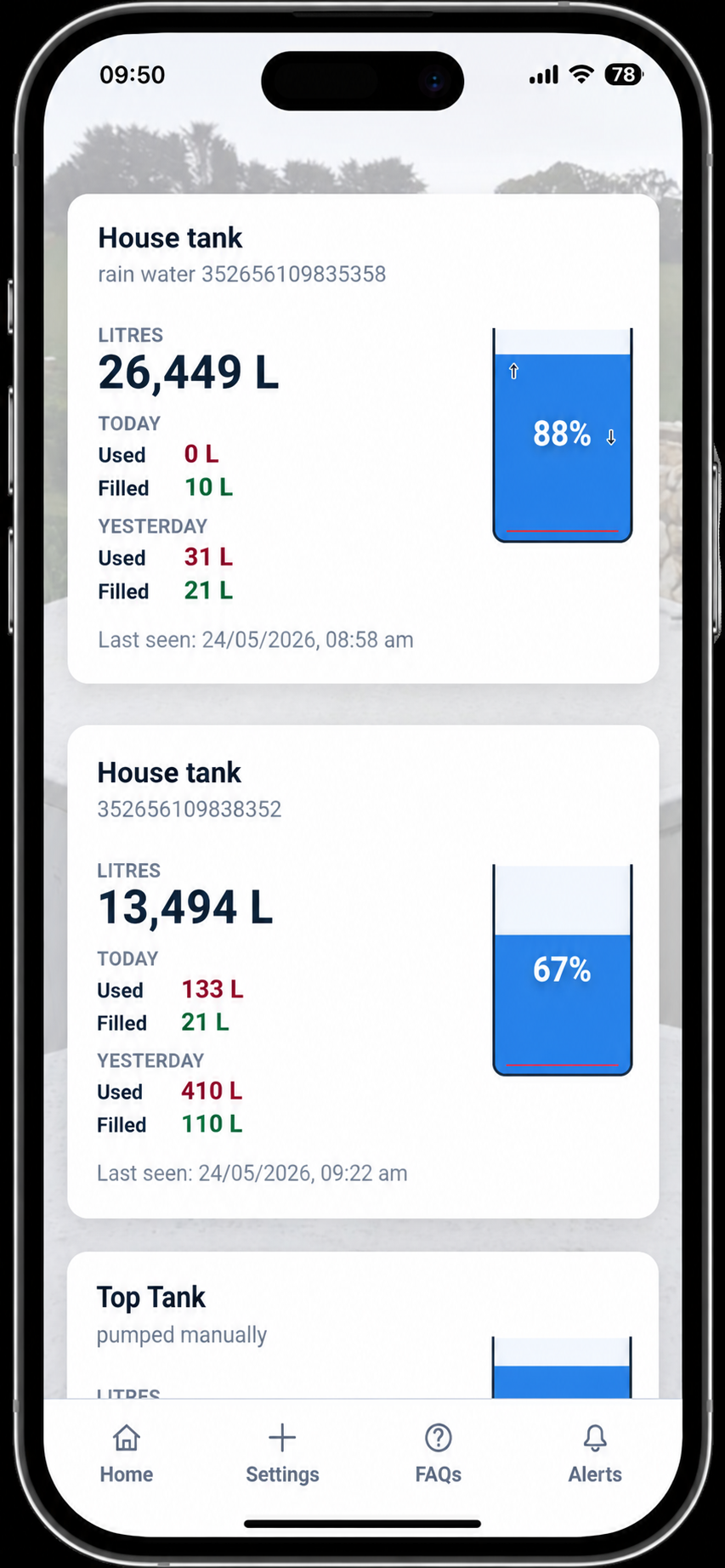 WTFNOW mobile dashboard showing tank levels